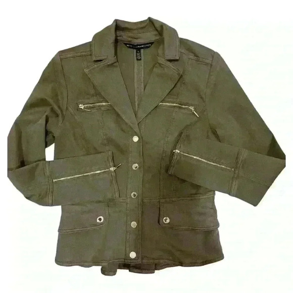 White House Black Market Snap Front Peplum Olive Green  Jacket Size 4 - Picture 8 of 13